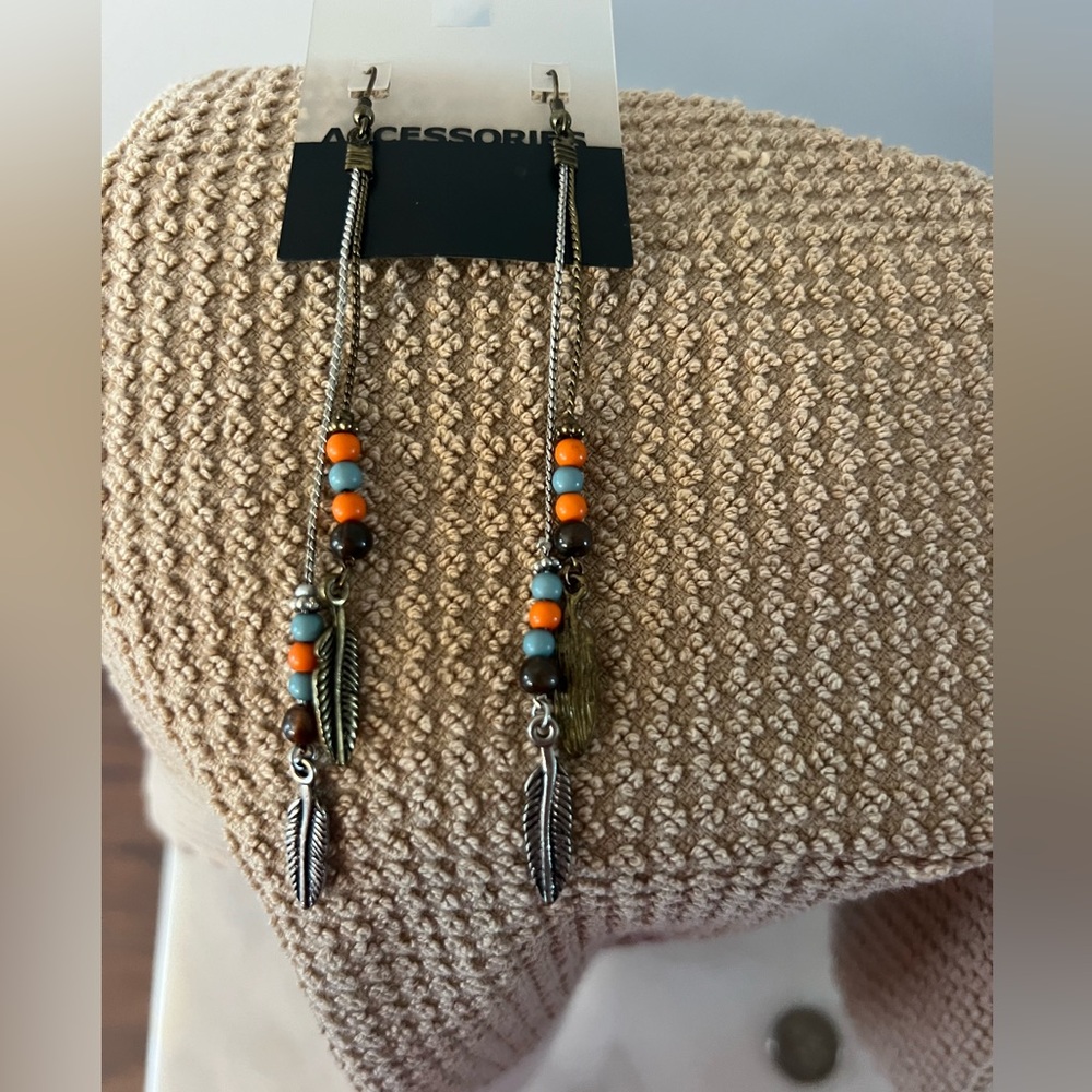Accessorize Silver Feather Earrings with Orange and Turquoise Beads